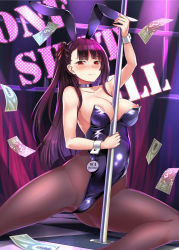 Rule 34 | 1girl, animal ears, black pantyhose, blush, bosshi, breasts, choker, closed mouth, collarbone, fake animal ears, girls&#039; frontline, highres, large breasts, leotard, long hair, looking at viewer, money, nipples, pantyhose, playboy bunny, pole, pole dancing, purple hair, rabbit ears, red eyes, solo, wa2000 (girls&#039; frontline), wrist cuffs