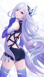 Rule 34 | 1girl, ass, bare shoulders, butterfly hair ornament, closed mouth, detached sleeves, expressionless, genshin impact, grey hair, hair between eyes, hair ornament, highres, long hair, looking at viewer, looking back, pink eyes, simple background, skirk (genshin impact), solo, suzuori fika, thighs, upper body, very long hair, white background