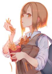 Rule 34 | 1girl, bag, bow, bowtie, brown eyes, brown hair, brown vest, collared shirt, eating, food, food on face, french fries, from side, highres, holding, izumi sai, looking at viewer, orange bow, orange bowtie, original, parted lips, school bag, shirt, short sleeves, shoulder bag, simple background, solo, upper body, vest, white background, white shirt, wing collar