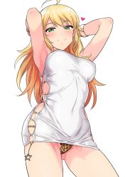 Rule 34 | 1girl, ahoge, animal print, armpits, arms behind head, arms up, bangle, blonde hair, blush, bracelet, closed mouth, cowboy shot, dress, from below, green eyes, heart, highres, hoshii miki, idolmaster, idolmaster (classic), jewelry, leopard print, long hair, looking at viewer, panties, pantyshot, shiny clothes, short dress, side slit, simple background, skin tight, sleeveless, sleeveless dress, smile, solo, standing, star (symbol), thighs, tight clothes, tsurui, underwear, upskirt, white background, white dress
