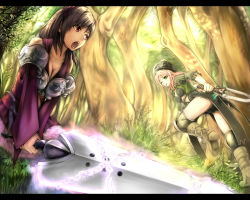 Rule 34 | 2girls, ;p, armor, bad id, bad pixiv id, boots, breasts, brown hair, chain, cleavage, dagger, fantasy earth zero, forest, glowing, grass, green eyes, hat, highres, huge weapon, knife, large breasts, multiple girls, nature, one eye closed, open mouth, pink hair, red eyes, sweat, sword, thighhighs, tongue, tongue out, tree, visualcat, wallpaper, weapon, wink
