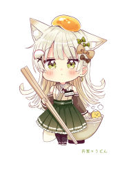 Rule 34 | 1girl, absurdres, animal, animal ear fluff, animal ears, bare shoulders, bird, black bow, black pantyhose, black sleeves, blush, bow, bowl, brown bow, chibi, chick, chopsticks, closed mouth, earrings, food-themed hair ornament, frilled skirt, frills, full body, green bow, green eyes, green skirt, grey hair, hair bow, hair ornament, highres, holding, holding chopsticks, japanese clothes, jewelry, kimono, long hair, long sleeves, looking at viewer, original, pantyhose, personification, pleated skirt, sakura oriko, sandals, simple background, skirt, sleeveless, sleeveless kimono, sleeves past wrists, solo, standing, tail, translated, very long hair, white background, white footwear, white kimono, x hair ornament, zouri