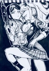 Rule 34 | 2girls, assault rifle, bear hair ornament, bow, bowtie, bra, breast press, breasts, calf boots, cleavage, collared shirt, curvy, danganronpa: trigger happy havoc, danganronpa (series), enoshima junko, eyebrows hidden by hair, fake nails, feet out of frame, fingernails, freckles, greyscale, gun, hair ornament, hand on another&#039;s shoulder, hand on own hip, highres, holding, holding gun, holding weapon, hug, ikusaba mukuro, incest, jacket, large breasts, leg around waist, leg lock, leg up, long fingernails, long hair, long sleeves, looking at another, looking at viewer, marker (medium), medium breasts, medium hair, microskirt, military jacket, military vest, miniskirt, monochrome, multiple girls, one leg raised, open mouth, outline, plaid, plaid skirt, pleated skirt, rifle, school uniform, shirt, siblings, simple background, sisters, sketch, sketchbook, skirt, smile, standing, tactical vest, teeth, tongue, tongue out, traditional media, twincest, twins, twintails, underwear, upper teeth only, weapon, woman soldier, yuri