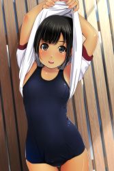 Rule 34 | 1girl, :d, absurdres, arms up, black eyes, black hair, black one-piece swimsuit, blush, breasts, fingernails, gym shirt, highres, leaning to the side, looking at viewer, matsunaga kouyou, nose blush, old school swimsuit, one-piece swimsuit, open mouth, original, puffy short sleeves, puffy sleeves, school swimsuit, shirt, short hair, short sleeves, small breasts, smile, solo, swimsuit, swimsuit under clothes, teeth, undressing, upper teeth only, white shirt