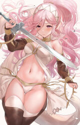Rule 34 | 1girl, armlet, bare shoulders, blush, bracelet, braid, breasts, cleavage, closed mouth, dancer, fire emblem, fire emblem awakening, floating hair, gold, gold trim, hairband, haru (nakajou-28), highres, holding, holding sword, holding weapon, jewelry, long hair, medium breasts, midriff, navel, neck ring, nintendo, olivia (fire emblem), pink eyes, pink hair, ponytail, revision, see-through, see-through sleeves, shy, side braid, simple background, solo, sword, textless version, thighhighs, twin braids, very long hair, wavy hair, weapon