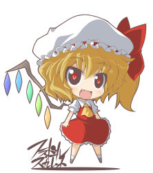 Rule 34 | 1girl, blonde hair, blouse, chibi, collared shirt, crazy developers, fang, female focus, flandre scarlet, full body, hair between eyes, hat, mob cap, red eyes, shirt, simple background, socks, solo, touhou, white background, white hat, white shirt, white socks