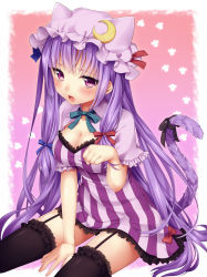 Rule 34 | 1girl, animal ears, black thighhighs, blush, bow, breasts, cat ears, cat tail, cleavage, fang, garter straps, gradient background, hat, highres, kemonomimi mode, large breasts, long hair, looking at viewer, mob cap, nanamiya, patchouli knowledge, paw pose, purple eyes, purple hair, sitting, solo, tail, thighhighs, touhou, very long hair