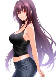 Rule 34 | 1girl, alternate costume, bare shoulders, black shirt, breasts, casual, closed mouth, commentary request, denim, engo (aquawatery), fate/grand order, fate (series), hair between eyes, hair intakes, jeans, long hair, looking at viewer, medium breasts, midriff, pants, purple hair, red eyes, scathach (fate), shirt, simple background, sleeveless, sleeveless shirt, smile, solo, very long hair, white background