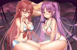 Rule 34 | 2girls, artist name, bare shoulders, bat (animal), bikini, black tail, blue bikini, blush, breasts, collarbone, commentary request, copyright request, crossover, demon girl, demon tail, embarrassed, hair between eyes, kaptivate, large breasts, long hair, looking at viewer, moon, multiple girls, navel, necktie, pointy ears, red hair, red neckwear, sitting, smile, striped bikini, striped clothes, swimsuit, tail, tali, thighs, twintails, very long hair, wavy mouth, white bikini