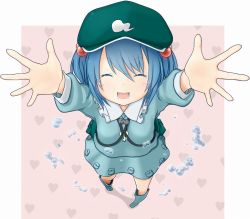 Rule 34 | 1girl, ^ ^, backpack, bag, boots, closed eyes, face, female focus, foreshortening, from above, heart, heart background, incoming hug, kawashiro nitori, key, looking up, outstretched arms, reaching, reaching towards viewer, smile, solo, standing, takaha (haiburijji), touhou, water