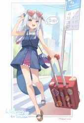 Rule 34 | 1girl, bag, bare legs, blue eyes, blue skirt, blunt bangs, border, breasts, building, bus stop, bus stop sign, chinese commentary, chinese text, crosswalk, cube hair ornament, fins, fish tail, gawr gura, gawr gura (casual), hair ornament, heart, heart-shaped eyewear, highres, hololive, hololive english, holomyth, light blush, looking at viewer, medium hair, midori xu, miniskirt, multicolored hair, overall skirt, road, rolling suitcase, sandals, shark tail, shirt, shoulder bag, sidewalk, skirt, sleeveless, sleeveless shirt, small breasts, smile, solo, sticker, streaked hair, street, suitcase, sunglasses, sunglasses on head, tail, taipei 101, teeth, thighs, two side up, upper teeth only, virtual youtuber, walking, white border, white hair, white shirt