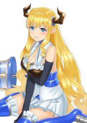 Rule 34 | 10s, 1girl, bad id, bad pixiv id, between legs, blonde hair, blue eyes, blue gloves, blue neckwear, blue thighhighs, blush, breasts, breasts squeezed together, choker, cleavage, commentary, draph, elbow gloves, full body, gloves, granblue fantasy, hand between legs, highres, horn ornament, horns, large breasts, long hair, looking at viewer, pointy ears, razia, scowl, simple background, sitting, solo, tears, thighhighs, thighs, very long hair, wariza, wasabi60, white background