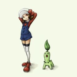 Rule 34 | 00s, 1girl, arms behind head, arms up, bow, brown eyes, brown hair, chikorita, creatures (company), game freak, gen 2 pokemon, hat, hunger, lyra (pokemon), nintendo, overalls, pokemon, pokemon (creature), pokemon hgss, shorts, smile, thighhighs, white thighhighs