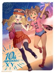 Rule 34 | 2girls, anniversary, arm up, bag, blonde hair, border, bracelet, brown hair, collared shirt, commentary request, creatures (company), eyelashes, fireworks, game freak, green eyes, hat, highres, holding hands, jewelry, kinocopro, knees, long hair, multiple girls, nintendo, outdoors, pink bag, pink shirt, pleated skirt, pokemon, pokemon xy, serena (pokemon), shauna (pokemon), shirt, shoes, short shorts, short sleeves, shorts, shoulder bag, skirt, sky, sleeveless, sleeveless shirt, thighhighs, twilight, twintails, twitter username, white border