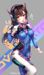 Rule 34 | 1girl, acronym, animal print, arm at side, armor, artist name, blue bodysuit, blush, bodysuit, boots, bracer, breasts, breasts apart, brown eyes, brown hair, blowing bubbles, chewing gum, commentary, copyright name, covered navel, cowboy shot, d.va (overwatch), facepaint, facial mark, gloves, hand up, headphones, leg up, long hair, looking at viewer, medium breasts, overwatch, overwatch 1, pauldrons, pilot suit, rabbit print, ribbed bodysuit, shoulder armor, shoulder pads, skin tight, solo, standing, standing on one leg, thigh boots, thigh strap, thighhighs, turtleneck, w, whisker markings, white footwear, white gloves, zerocat