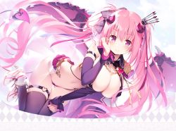 Rule 34 | 1girl, anneliese, black thighhighs, blush, breasts, crown, demon girl, demon horns, demon tail, demon wings, detached sleeves, hair ribbon, hand on own face, highres, horns, kimagure temptation, kimishima ao, large breasts, long hair, looking at viewer, mini crown, official art, pink eyes, pink hair, ribbon, smile, solo, tail, thigh strap, thighhighs, twintails, wings
