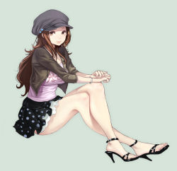 Rule 34 | 1girl, bare legs, breasts, brown eyes, brown hair, cabbie hat, crossed legs, fasces (jeson110), feet, full body, hat, high heels, highres, jacket, large breasts, long hair, looking at viewer, nail polish, open shoes, original, shoes, simple background, sitting, skirt, solo, star (symbol), toenail polish, toenails, toes