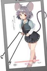 Rule 34 | 1girl, ahoge, animal ears, black dress, black footwear, blush, bob cut, capelet, cellphone, commentary, dowsing rod, dress, full body, grey capelet, grey hair, highres, holding, light frown, loafers, long sleeves, looking at viewer, mamemochi, mouse ears, mouse girl, mouse tail, nazrin, open mouth, phone, fake phone screenshot, red eyes, see-through, shoes, short dress, short hair, smartphone, socks, solo, standing, tail, touhou, translated, white socks