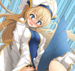Rule 34 | 10s, 1girl, blonde hair, bloomers, blue eyes, blush, breasts, covering privates, covering crotch, dress, embarrassed, frills, goblin slayer!, hat, highres, long hair, long sleeves, medium breasts, momio, open mouth, pelvic curtain, priestess (goblin slayer!), skirt, solo, underwear, wind, wind lift