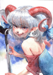 Rule 34 | 1girl, bare shoulders, blush, breasts, earrings, fangs, grin, highres, horn ornament, horn ribbon, horns, jewelry, lips, long hair, looking at viewer, looking back, misawa hiroshi, off shoulder, open mouth, pointy ears, red eyes, ribbon, sharp teeth, simple background, small breasts, smile, solo, spoon, teeth, touhou, toutetsu yuuma, traditional media