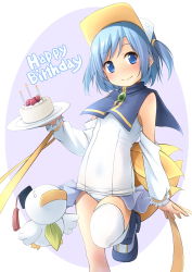 Rule 34 | 1girl, ah-kun, animal, bird, birthday cake, blue eyes, blue footwear, blue hair, blush, cake, candle, closed mouth, commentary request, detached sleeves, duck, feet out of frame, fire, food, happy birthday, highres, holding, holding plate, long sleeves, looking at viewer, moetan, old school swimsuit, one-piece swimsuit, pastel ink, plate, puffy long sleeves, puffy sleeves, purple background, school swimsuit, shibacha, shoes, single thighhigh, smile, standing, standing on one leg, swimsuit, thighhighs, two-tone background, two side up, visor cap, white background, white headwear, white one-piece swimsuit, white sleeves, white thighhighs
