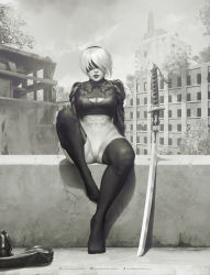 Rule 34 | 1girl, blindfold, boots, unworn boots, breasts, cameltoe, city, cleavage, cleavage cutout, clothing cutout, greyscale, hairband, highres, krystopher decker, leotard, mole, mole under mouth, monochrome, nier (series), nier:automata, puffy sleeves, ruins, sitting, solo, sword, thighhighs, tree, weapon, 2b (nier:automata)