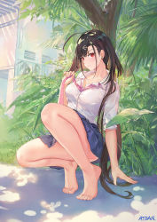 Rule 34 | 1girl, ahoge, anchor hair ornament, artist name, atdan, azur lane, bare legs, barefoot, black hair, blue skirt, blush, breasts, closed mouth, collarbone, collared shirt, convenient leg, day, earrings, feet, full body, hair ornament, hand up, highres, independence (azur lane), jewelry, large breasts, light particles, long hair, looking at viewer, miniskirt, mole, mole on thigh, nature, outdoors, pink neckwear, pleated skirt, red eyes, revision, shirt, skirt, sleeves pushed up, slit pupils, smile, solo, squatting, sweat, thighs, tree, tree shade, very long hair, white shirt