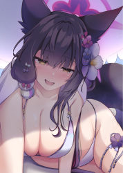 Rule 34 | 1girl, animal ear fluff, animal ears, bikini, black hair, blue archive, blunt ends, breasts, come hither, flower, fox ears, fox girl, fox tail, hair flower, hair ornament, halo, highres, large breasts, looking at viewer, solo, sopranino, string bikini, swimsuit, tail, thigh strap, wakamo (blue archive), wakamo (swimsuit) (blue archive), white bikini, yellow eyes