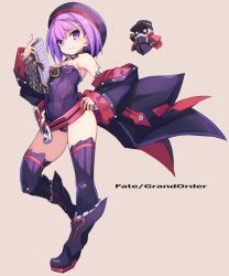 Rule 34 | 1girl, bare shoulders, beige background, belt, black headwear, book, breasts, colonel olcott (fate), detached collar, detached sleeves, fate/grand order, fate (series), full body, helena blavatsky (fate), helena blavatsky (third ascension) (fate), highres, holding, holding book, karukan (monjya), leotard, purple eyes, purple hair, purple leotard, purple thighhighs, sefirot, short hair, simple background, small breasts, strapless, strapless leotard, thighhighs, white sleeves