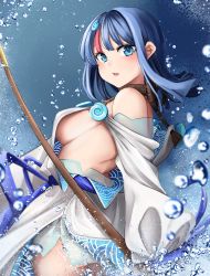 Rule 34 | 1girl, absurdres, ass, back, bad id, bad pixiv id, bare shoulders, black hair, blue background, blue eyes, blue ribbon, blush, breasts, dress, dvdraw, fate/grand order, fate/requiem, fate (series), gradient background, highres, huge filesize, jewelry, large breasts, long sleeves, looking at viewer, looking back, magatama, magatama hair ornament, medium hair, multicolored hair, necklace, open mouth, pelvic curtain, pink hair, polearm, puffy long sleeves, puffy sleeves, ribbon, seigaiha, short dress, sideboob, sideless outfit, spear, streaked hair, thighs, two-sided fabric, utsumi erice, water, weapon, white dress