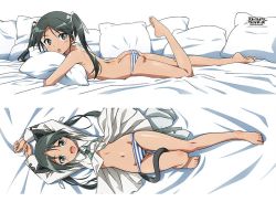 Rule 34 | 1girl, animal ears, ass, bare legs, barefoot, bed sheet, breasts, butt crack, cat ears, cat tail, dakimakura (medium), fang, feet, female focus, francesca lucchini, full body, green hair, legs, looking at viewer, navel, no bra, official art, open clothes, panties, small breasts, smile, strike witches, striped clothes, striped panties, tail, topless, twintails, underwear, world witches series