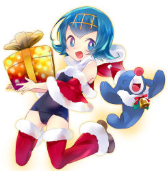 Rule 34 | 1girl, alternate costume, bad id, bad pixiv id, bare shoulders, bell, blue eyes, blue hair, box, christmas, clothed pokemon, collar, creatures (company), full body, fur trim, game freak, gen 7 pokemon, gift, gift box, hairband, hat, hood, hoodie, jingle bell, jumping, lana (pokemon), looking at viewer, neck bell, nintendo, one-piece swimsuit, pokemon, pokemon (creature), pokemon sm, popplio, santa costume, santa hat, school swimsuit, short hair, swimsuit, swimsuit under clothes, trial captain, white background, yukian