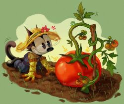 Rule 34 | 1boy, cat boy, commentary, dated, english commentary, felix the cat, felix the cat (series), flower, food, fruit, furry, furry male, gardening, gloves, grin, hat, hat flower, highres, kneeling, looking at food, male focus, overalls, shirt, signature, smile, solo, straw hat, teeth, tomato, toon (style), whiskers, woody (beastlyfigurine), yellow shirt