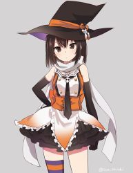 Rule 34 | 10s, black hair, elbow gloves, gloves, halloween, hat, ica, kantai collection, necktie, scarf, sendai (kancolle), sendai kai ni (kancolle), short hair, single thighhigh, solo, thighhighs, witch hat