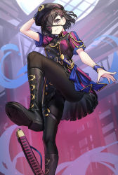 Rule 34 | 1girl, arm up, black dress, black footwear, black hair, black hat, black pantyhose, boots, breasts, collared dress, commentary request, cross-laced footwear, dress, eyepatch, fate/grand order, fate (series), frilled dress, frills, grey hair, grin, hair ornament, hairclip, hat, highres, indoors, katana, lace-up boots, looking at viewer, medium breasts, mysterious ranmaru x (fate), pantyhose, peaked cap, ririko (zhuoyandesailaer), scabbard, sheath, sheathed, shoe soles, short sleeves, smile, solo, standing, standing on one leg, sword, thighs, weapon, x hair ornament