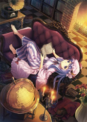 Rule 34 | 1girl, barefoot, book, bookshelf, candelabra, candle, candlestand, capelet, cat, couch, crescent, female focus, fireplace, flower, full body, globe, hat, indoors, kitiroku, long hair, long sleeves, lying, mob cap, open mouth, patchouli knowledge, phonograph, purple eyes, purple hair, rose, solo, touhou, vase, wide sleeves