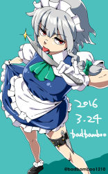 Rule 34 | 1girl, apron, badbamboo, bare legs, blue dress, blue skirt, bow, braid, clothes pull, collar, dress, frilled socks, frills, gloves, hair ribbon, highres, izayoi sakuya, knife, legs, licking, looking up, maid, maid apron, maid headdress, pinky out, puffy short sleeves, puffy sleeves, red eyes, ribbon, shadow, shoes, short hair, short sleeves, silver hair, simple background, skirt, skirt pull, socks, solo, thigh strap, thighs, touhou, twin braids, waist apron, white gloves