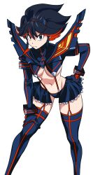 Rule 34 | 1girl, absurdres, blue eyes, colored inner hair, hand on own hip, hand on own thigh, highres, kill la kill, leaning forward, matoi ryuuko, multicolored hair, navel, oggy (oggyoggy), revealing clothes, solo, suspenders, transparent background