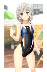 Rule 34 | 1girl, absurdres, bench, black one-piece swimsuit, blurry, breasts, cameltoe, competition swimsuit, contrapposto, covered navel, cowboy shot, depth of field, dolphin print, fence, grey eyes, groin, high school fleet, highleg, highleg swimsuit, highres, looking at viewer, multicolored clothes, multicolored swimsuit, one-piece swimsuit, plant, short hair, silver hair, small breasts, solo, standing, swimsuit, takafumi, tateishi shima, umbrella, wooden fence