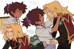 Rule 34 | 2girls, amphibia, anne boonchuy, blonde hair, brown hair, cape, closed eyes, dancing, dark skin, english text, face-to-face, facial scar, formal, hair ornament, hair scrunchie, highres, hug, jacket, long hair, looking at another, mole, mole under eye, multiple girls, multiple views, necktie, parted bangs, pink scrunchie, ponytail, red cape, sasha waybright, scar, scar on cheek, scar on face, scrunchie, serious, shimmyoh, smile, somederos, suit, white background