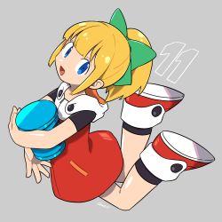 Rule 34 | 1girl, :d, android, bad id, bad pixiv id, blonde hair, blue eyes, blunt bangs, bow, dress, energy tank, full body, green bow, grey background, hair bow, hair ornament, holding, hooded dress, long hair, mega man (classic), mega man (series), mega man 11, open mouth, ponytail, red dress, red footwear, roll (mega man), sekito, shoes, sidelocks, simple background, smile, solo