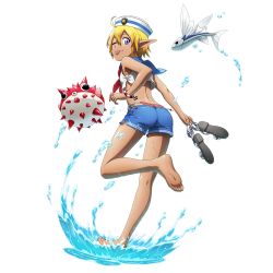 Rule 34 | 1girl, ass, aura bella fiora, blonde hair, blue eyes, dark elf, elf, fish, hat, highleg, highleg swimsuit, official art, one eye closed, overlord (maruyama), pointy ears, puffer fish, reverse trap, sailor collar, sailor hat, sleeveless, solo, swimsuit, tagme, tongue, tongue out, transparent background, water