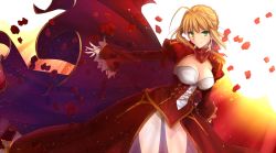 Rule 34 | 10s, 1girl, ahoge, blonde hair, breasts, cleavage, dress, epaulettes, fate/extra, fate (series), green eyes, hair ribbon, highres, large breasts, nero claudius (fate), nero claudius (fate) (all), nero claudius (fate/extra), petals, red dress, ribbon, rose petals, see-through, smile, solo, tusia