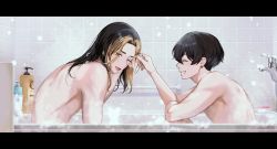 Rule 34 | 2boys, bare shoulders, bath, bathing, black hair, blonde hair, character request, closed eyes, earrings, highres, jewelry, long hair, male focus, mito (jinzero), multicolored hair, multiple boys, one eye closed, open mouth, shampoo, short hair, smile, tokyo revengers, two-tone hair, yaoi