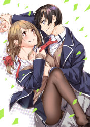 Rule 34 | 1boy, 1girl, akitsu maya, ass, between legs, black hair, blouse, blue jacket, blue skirt, blush, bow, bowtie, breasts, brown footwear, brown hair, brown pantyhose, collarbone, collared shirt, eyebrows hidden by hair, falling petals, feet out of frame, grabbing, grabbing another&#039;s breast, grey pants, grey skirt, hair bow, hetero, highres, holding another&#039;s wrist, holding hands, holding person, hug, jacket, knee up, layered sleeves, light brown hair, loafers, long hair, looking at another, loose neckwear, low-tied long hair, medium breasts, neck ribbon, necktie, open clothes, open jacket, open shirt, orange eyes, pants, pantyhose, parted lips, petals, polka dot, profile, purple eyes, red bow, red neckwear, ribbon, sahara386, saino souhei, school uniform, sex and dungeon, shirt, shoe dangle, shoes, short hair, sideways mouth, skirt, smile, smirk, smug, swept bangs, teeth, two-tone skirt, undone bowtie, undone neck ribbon, white shirt