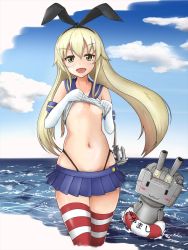 Rule 34 | 10s, 1girl, :3, anchor hair ornament, blonde hair, blush, blush stickers, breasts, clothes lift, cloud, day, elbow gloves, floating, gloves, hair ornament, hair ribbon, highres, innertube, kantai collection, long hair, microskirt, navel, open mouth, outdoors, pleated skirt, rensouhou-chan, ribbon, shigekikkusu, shigekix501, shimakaze (kancolle), shirt, shirt lift, skirt, small breasts, standing, striped clothes, striped thighhighs, swim ring, thighhighs, underboob, water, white gloves, yellow eyes, | |