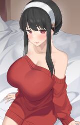 Rule 34 | 1girl, absurdres, arm support, bare shoulders, black hair, blush, breasts, byeon dha, commentary, hairband, highres, indoors, large breasts, long hair, long sleeves, looking at viewer, off-shoulder sweater, off shoulder, pink lips, red eyes, red sweater, sidelocks, sitting, solo, spy x family, sweater, white hairband, yor briar