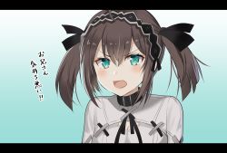 Rule 34 | 1girl, ahoge, belt buckle, belt collar, black collar, black hairband, black ribbon, blouse, blush, breasts, brown hair, buckle, cleavage, cleavage cutout, clothing cutout, collar, gradient background, green background, green eyes, hair between eyes, hair ribbon, hairband, highres, iriam, looking at viewer, myusha, open mouth, ribbon, shirt, sidelocks, small breasts, solo, twintails, upper body, v-shaped eyebrows, virtual youtuber, white background, white shirt
