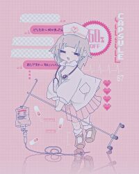Rule 34 | 1girl, absurdres, black eyes, brown footwear, brown hair, cardiogram, chat log, coat, doctor, ear piercing, english text, fake transparency, full body, grid background, hat, heart, highres, holding, intravenous drip, iv stand, long sleeves, looking at viewer, mary janes, muted color, nikamoka, no pupils, nurse, nurse cap, open mouth, original, piercing, pill, pink background, pink skirt, pink theme, pleated skirt, pocket, reflection, sale, see-through, shoes, skirt, socks, solo, standing, standing on one leg, stethoscope