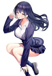 Rule 34 | 1girl, black footwear, black hair, blue jacket, blue skirt, blue socks, blush, boku no kokoro no yabai yatsu, breasts, brown eyes, candy, cardigan, collared shirt, commentary, dress shirt, food, highres, holding, holding candy, holding food, holding lollipop, jacket, large breasts, lollipop, long hair, long sleeves, looking at viewer, open clothes, open jacket, parted lips, pleated skirt, purple cardigan, ribbed socks, ririko (zhuoyandesailaer), school uniform, shirt, shoes, simple background, skirt, sleeves past wrists, socks, solo, very long hair, white background, yamada anna